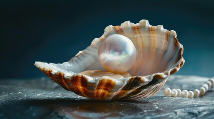 Poster - A beautiful pearl sits in its shell on a wooden table, perfect for decorative or educational purposes