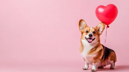 Cute corgi dog with a heart shaped balloon on pink background, fun love and Valentine's day or birthday greeting card