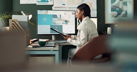 Business, woman and computer for remote work at house for research, information and schedule of social media update. Female person, document and digital for creative brand, editing and project design