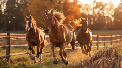 Poster - Three Horses Running Through a Field in the Golden Hour Photo