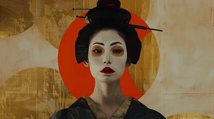 Wall Mural - The image is a minimalist illustration of a Geisha, reinterpreted with clean lines and simple forms, capturing the elegance and cultural essence in a modern artistic style.