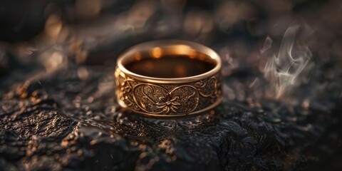 Aufkleber - A gold wedding ring sits alone on a rocky surface, perfect for romantic or intimate settings