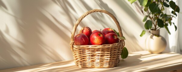 Wall Mural - Basket of fresh red apples in sunlight on a minimalist background