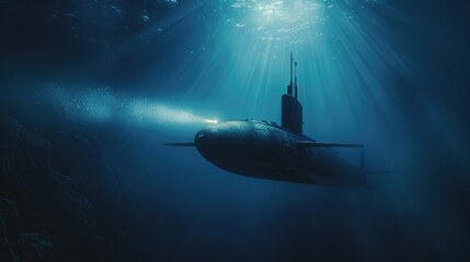 Poster - A submarine floats on the surface of the ocean with bright sunlight reflecting off its hull