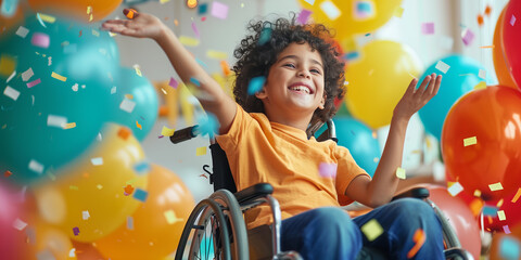 Wall Mural - Cheerful funny child in a wheelchair among colorful balloons and falling confetti. Disabled kid having fun birthday party.