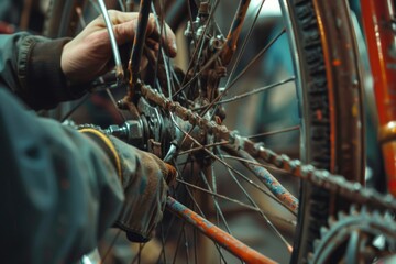 Poster - A close-up shot of someone fixing their bike in a garage or workshop