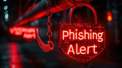 Wall Mural - A Signs featuring a large hook piercing through, with the words Phishing Alert in red neon letters..