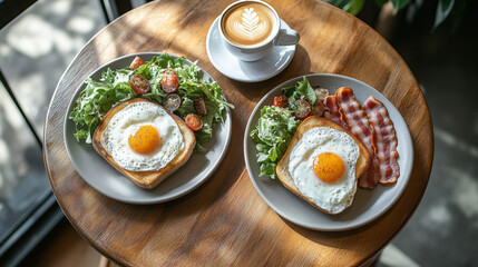 Two plates of breakfast with fried eggs, toast, salad, and a cup of coffee on a wooden table, creating a cozy and inviting morning meal scene.