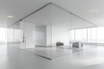 Wall Mural - A minimalist living space with floor-to-ceiling glass walls and a modern couch