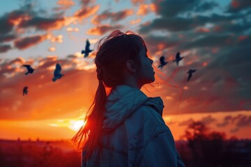 Canvas Print - A woman stands in front of a beautiful sunset, surrounded by birds flying overhead