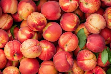 Poster - Fresh peaches with lush green leaves, perfect for photography or still life art