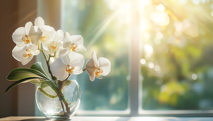 Beautiful white orchid flowers in a glass vase on a table against a...