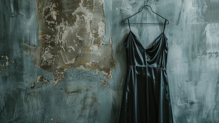 Wall Mural - A single woman's dress hung on a hanger against a wall, perfect for fashion or beauty concepts