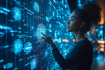 Wall Mural - A woman interacts with a glowing digital interface, illustrating advanced technology, innovation, and the future of data interaction.	
