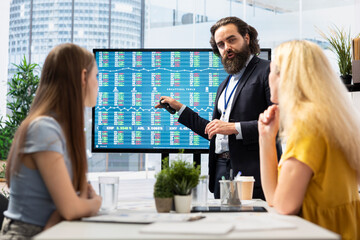 Poster - Broker showing stock exchange indices on screen in financial department office used for forecasting and analysis purposes. Agent working in company workspace with business figures on display