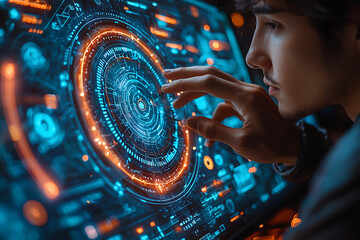 Wall Mural - A woman interacts with a glowing digital interface, illustrating advanced technology, innovation, and the future of data interaction.	
