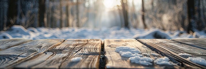 Wall Mural - clean wooden tabletop with Winter background 