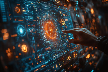 Wall Mural - A woman interacts with a glowing digital interface, illustrating advanced technology, innovation, and the future of data interaction.	
