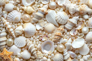 Poster - Collection of seashells, pearls, and a starfish on a beach surface
