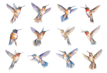 watercolor hummingbird set. flying exotic tropical blue bird, cute little colorful feather animal ve