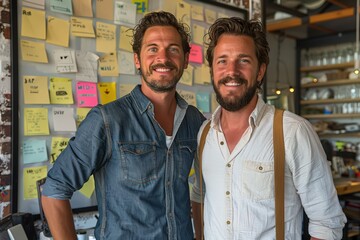 Two men standing side by side, smiling, in a brightly lit office space filled with sticky notes on the wall, representing teamwork, positivity, and brainstorming ideas.