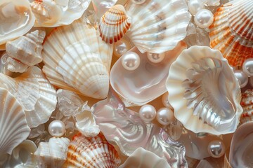Poster - A detailed view of shells and pearls arranged on a table