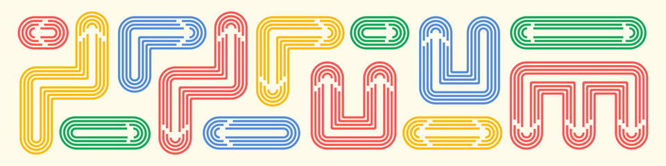 Wall Mural - Set of abstract arrows in retro, groovy, 70s, 60s style. Isolated striped elements for banners, posters, presentations, flyers with negative space. Vector EPS10