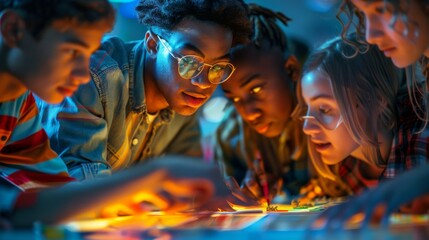 Poster - Group of diverse students collaborating on a creative project in a vibrant classroom
