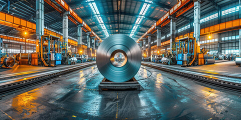 Spacious industrial warehouse featuring a large steel coil roll in the center, showcasing manufacturing and storage facilities.