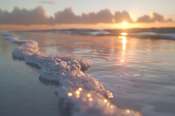 Wall Mural - Serene Sunrise on a Sandy Beach with Gentle Waves and a Stream of Foamy Water Reflecting the Golden Light, Tranquil Coastal Scene at Dawn