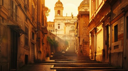 In Rome, at sunset, there are no people on the Spanish steps