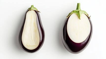 Wall Mural - A whole eggplant and a halved one side by side, showing the contrast between the dark, shiny exterior and the light interior. Set on a white background