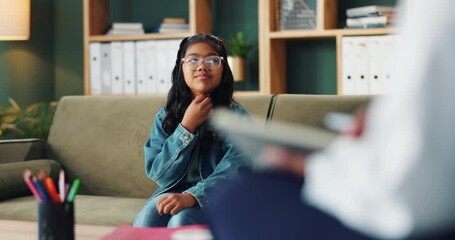 Poster - Counselling, session or therapy with child psychologist and girl on sofa in office for development. Empathy, psychology and support with indian kid talking to mental health professional for advice