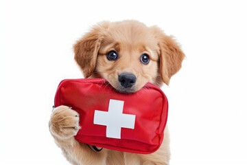 Cute portrait of Labrador Retriever puppy with red first aid kit in teeth isolated on white background. Dog holding emergency aid set in mouth