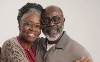 The elderly African American couple smile and show love to one another on an isolated background