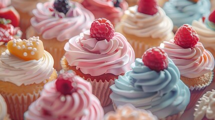 Wall Mural - Close-up of Sweet and Colorful Cupcakes with Raspberry Toppings