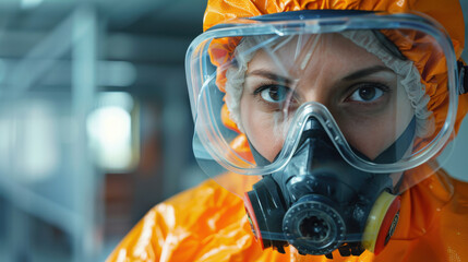 Wall Mural - A close-up of a scientist wearing orange protective gear and a respirator mask, ensuring safety in a hazardous environment.