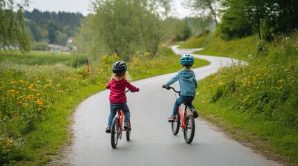 Happy kids biking along a winding path in a scenic park