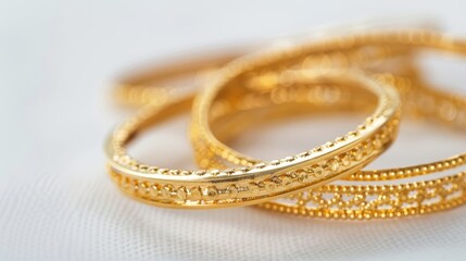 Gold bracelets with a delicate pattern lying on a white background representing wealth and luxury