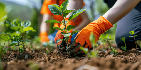 Hands wearing orange gloves planting tree saplings in soil, emphasizing environmental conservation and volunteer efforts.