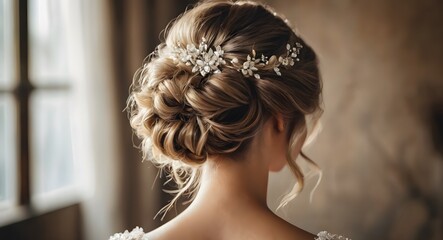 Wall Mural - Back view, Closeup on hairstyle of a beautiful bride. Concept of wedding preparations, hairdresser and wedding.