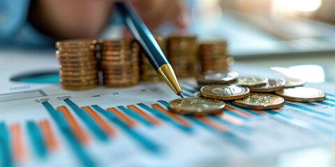 Wall Mural - Close-up of hands analyzing financial data with stacks of coins and a pen on financial charts.