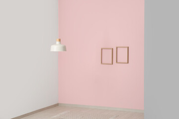 Wall Mural - Hanging lamp and frames near pink wall in empty room