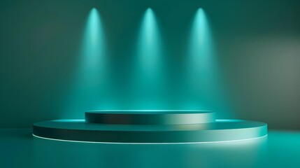 Aufkleber - Minimalist Studio Room with Green Background Wall and Spotlights, Ideal for Product Presentation and Technology Showcase with Neon Light Effects