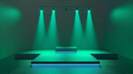 Aufkleber - Minimalist Studio Room with Green Background Wall and Spotlights, Ideal for Product Presentation and Technology Showcase with Neon Light Effects