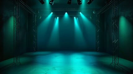Aufkleber - Minimalist Studio Room with Green Background Wall and Spotlights, Ideal for Product Presentation and Technology Showcase with Neon Light Effects