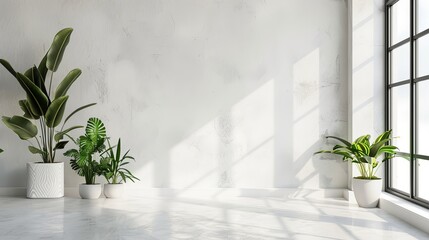 Aufkleber - Bright and Spacious Empty Room with White Plaster Wall and Lush Green Plants on the Floor, Ideal for Minimalist Decor and Interior Design