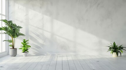 Aufkleber - Bright and Spacious Empty Room with White Plaster Wall and Lush Green Plants on the Floor, Ideal for Minimalist Decor and Interior Design