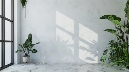Aufkleber - Bright and Spacious Empty Room with White Plaster Wall and Lush Green Plants on the Floor, Ideal for Minimalist Decor and Interior Design