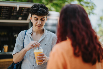 Close-up of friends enjoying a refreshing drink in a park. One friend holds a juice while the other engages in conversation.